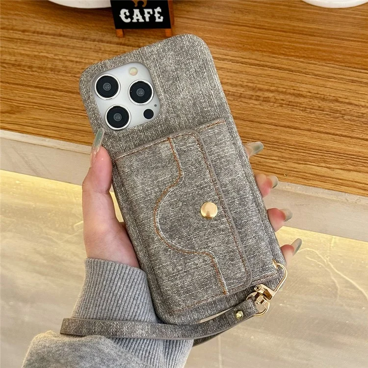 Funda para iPhone 16 Pro Max con ranuras para tarjetas, diseño de espejo, textura de tela vaquera y cuero PU con correa - Gris