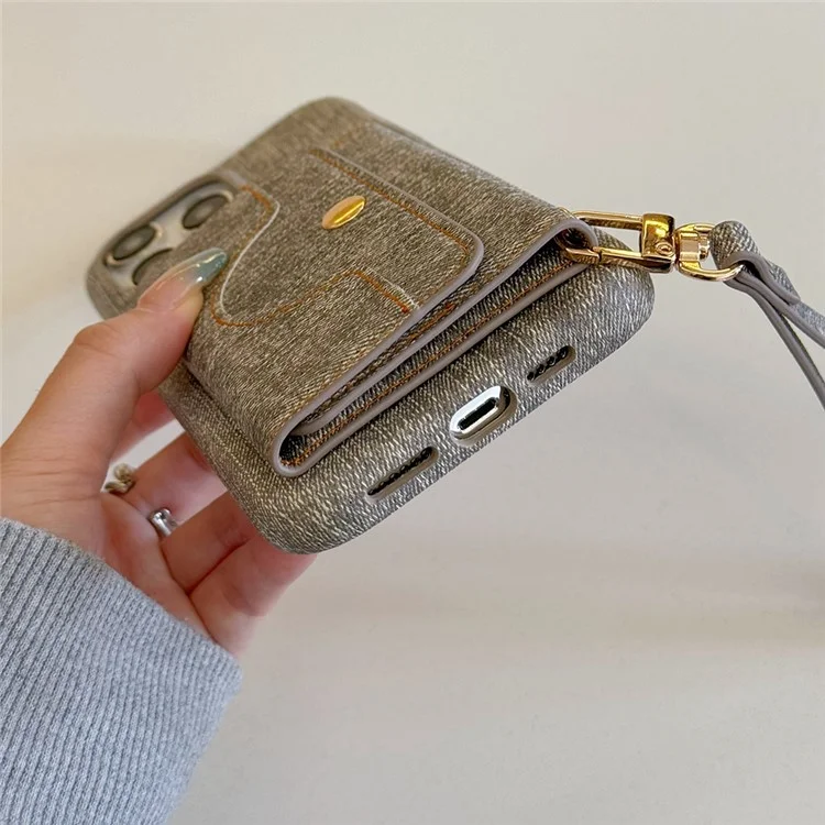 Funda para iPhone 16 Pro Max con ranuras para tarjetas, diseño de espejo, textura de tela vaquera y cuero PU con correa - Gris