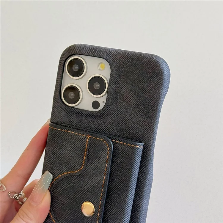 Funda para iPhone 16 Pro con ranuras para tarjetas, diseño de espejo, textura de tela vaquera y cuero PU con correa - Negro