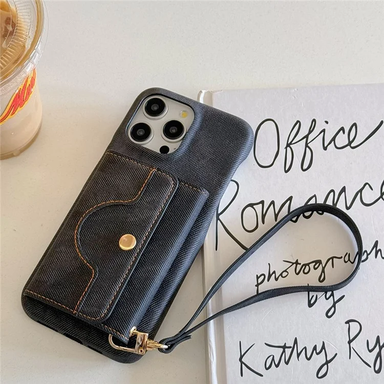 Funda para iPhone 16 Pro con ranuras para tarjetas, diseño de espejo, textura de tela vaquera y cuero PU con correa - Negro