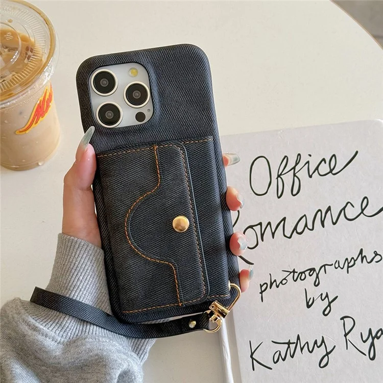 Funda para iPhone 16 Pro con ranuras para tarjetas, diseño de espejo, textura de tela vaquera y cuero PU con correa - Negro
