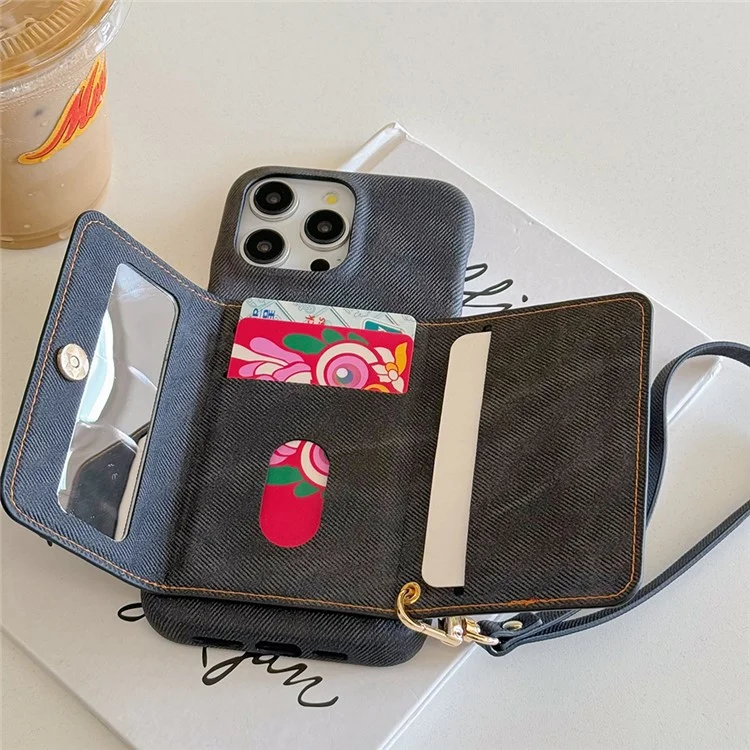 Funda para iPhone 16 Pro con ranuras para tarjetas, diseño de espejo, textura de tela vaquera y cuero PU con correa - Negro