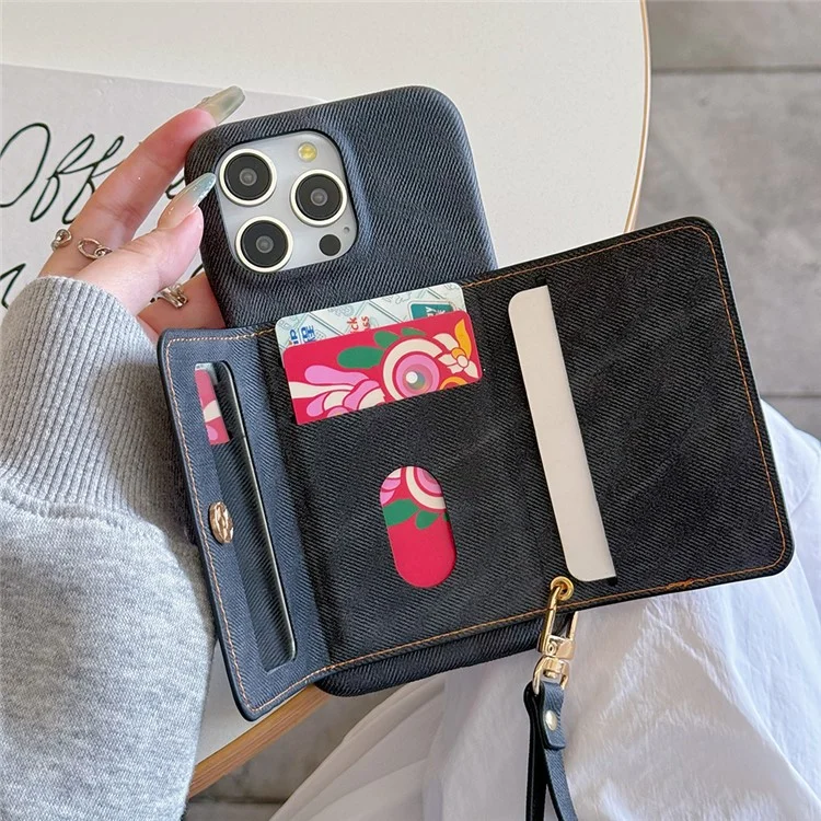 Funda para iPhone 16 Pro con ranuras para tarjetas, diseño de espejo, textura de tela vaquera y cuero PU con correa - Negro