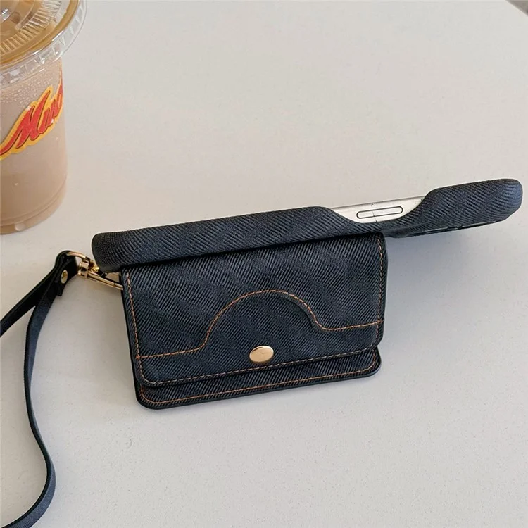 Funda para iPhone 16 Pro con ranuras para tarjetas, diseño de espejo, textura de tela vaquera y cuero PU con correa - Negro
