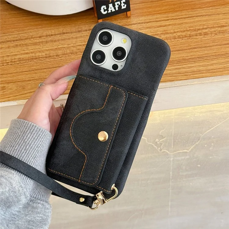 Funda para iPhone 16 Pro con ranuras para tarjetas, diseño de espejo, textura de tela vaquera y cuero PU con correa - Negro