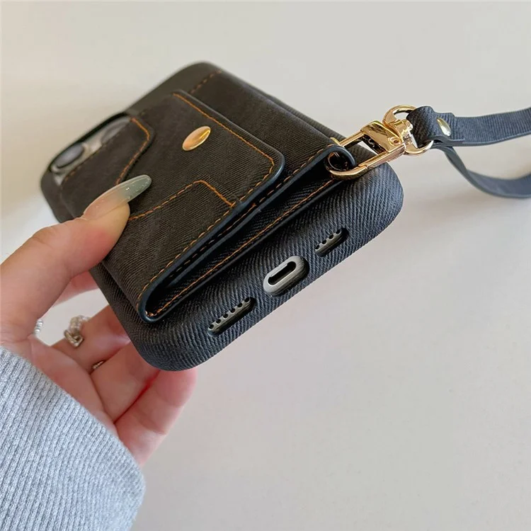 Funda para iPhone 16 Pro con ranuras para tarjetas, diseño de espejo, textura de tela vaquera y cuero PU con correa - Negro