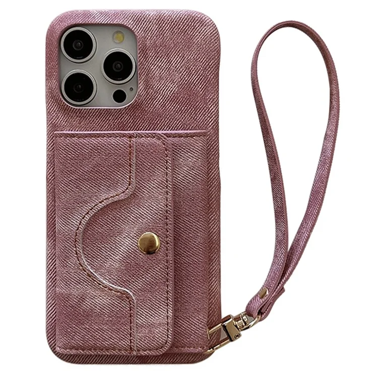 Funda para iPhone 15 Pro Max con ranuras para tarjetas, diseño de espejo, textura de tela de mezclilla y cuero sintético con correa - Rosa
