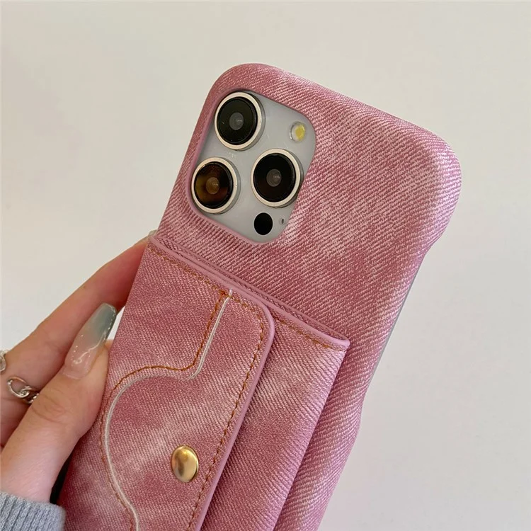 Funda para iPhone 15 Pro Max con ranuras para tarjetas, diseño de espejo, textura de tela de mezclilla y cuero sintético con correa - Rosa