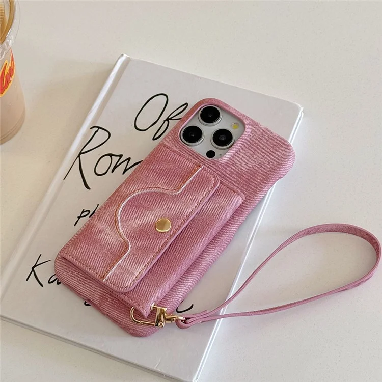 Funda para iPhone 15 Pro Max con ranuras para tarjetas, diseño de espejo, textura de tela de mezclilla y cuero sintético con correa - Rosa