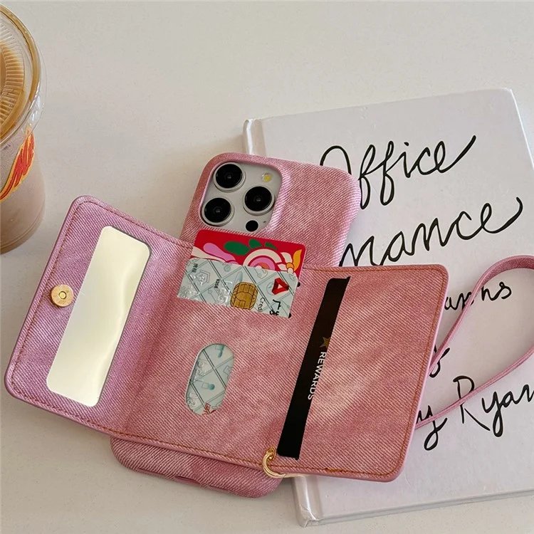 Funda para iPhone 15 Pro Max con ranuras para tarjetas, diseño de espejo, textura de tela de mezclilla y cuero sintético con correa - Rosa