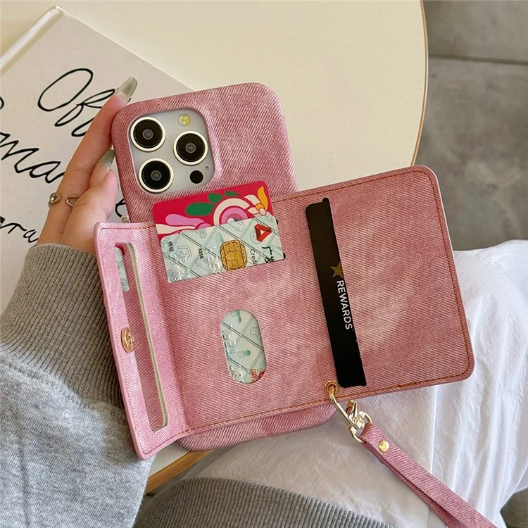 Funda para iPhone 15 Pro Max con ranuras para tarjetas, diseño de espejo, textura de tela de mezclilla y cuero sintético con correa - Rosa