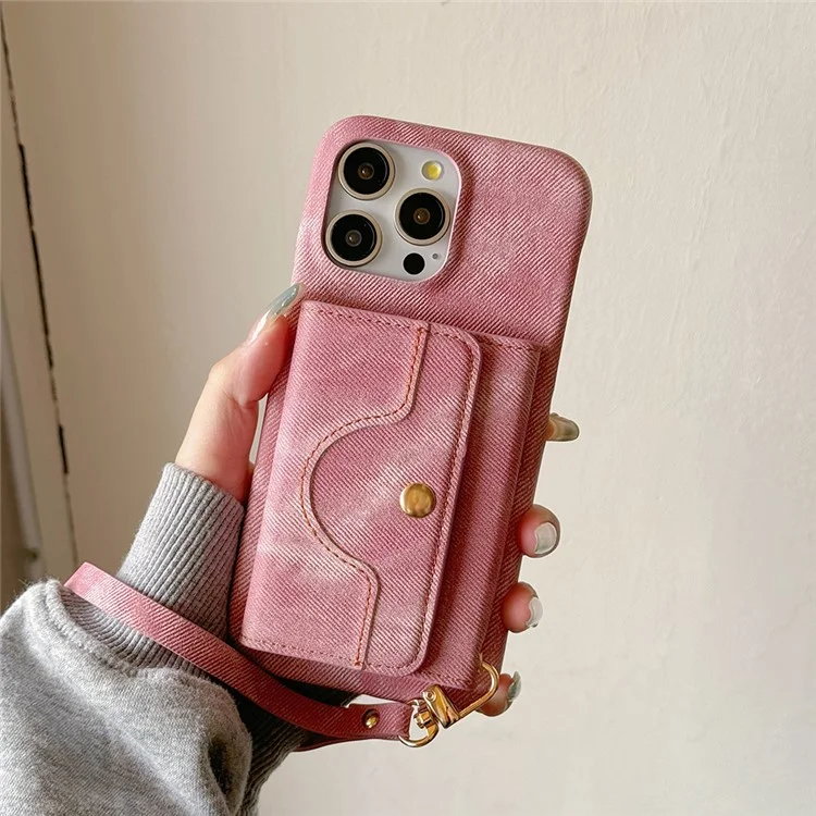 Funda para iPhone 15 Pro Max con ranuras para tarjetas, diseño de espejo, textura de tela de mezclilla y cuero sintético con correa - Rosa