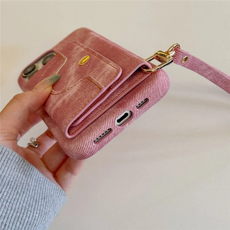 Funda para iPhone 15 Pro Max con ranuras para tarjetas, diseño de espejo, textura de tela de mezclilla y cuero sintético con correa - Rosa