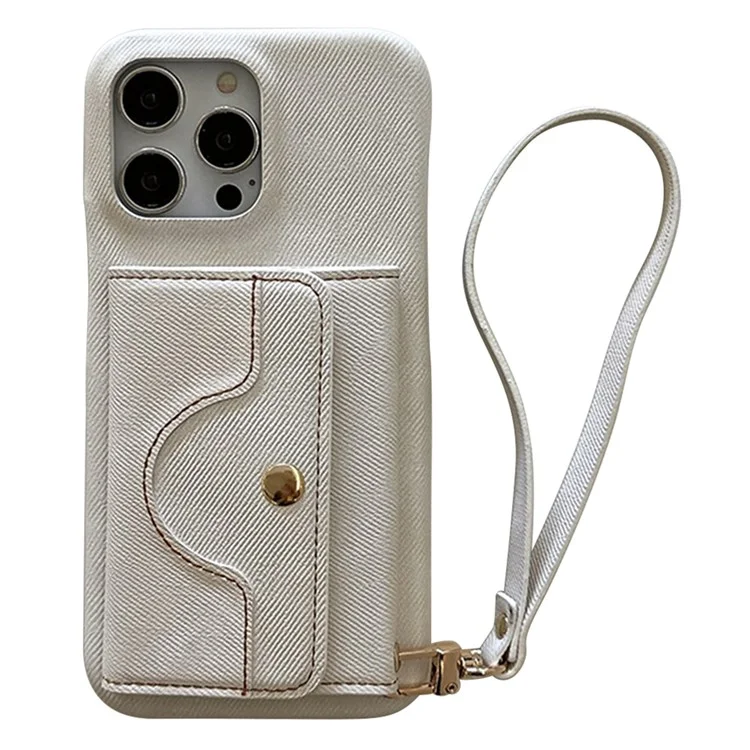 Funda para iPhone 15 Pro con ranuras para tarjetas, diseño de espejo, textura de tela vaquera y cubierta trasera de cuero PU con correa - Blanco