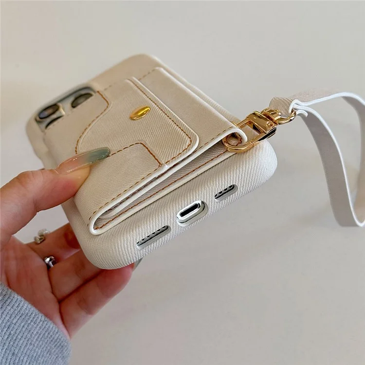 Funda para iPhone 15 Pro con ranuras para tarjetas, diseño de espejo, textura de tela vaquera y cubierta trasera de cuero PU con correa - Blanco