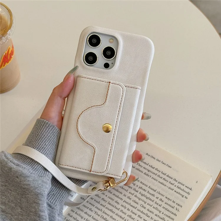 Funda para iPhone 15 Pro con ranuras para tarjetas, diseño de espejo, textura de tela vaquera y cubierta trasera de cuero PU con correa - Blanco