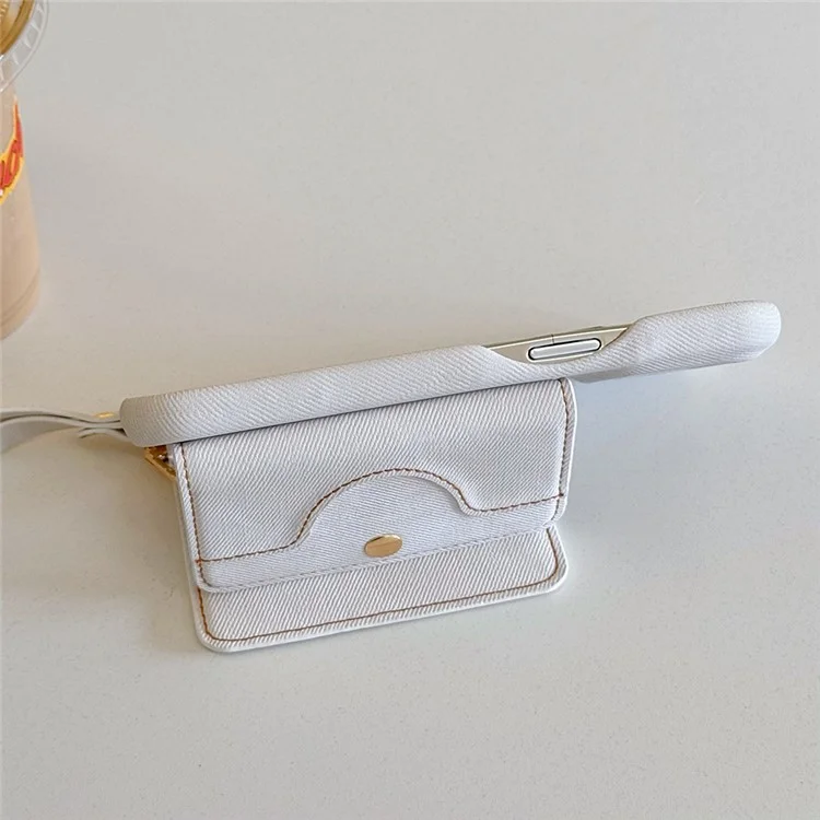 Funda para iPhone 15 Pro con ranuras para tarjetas, diseño de espejo, textura de tela vaquera y cubierta trasera de cuero PU con correa - Blanco