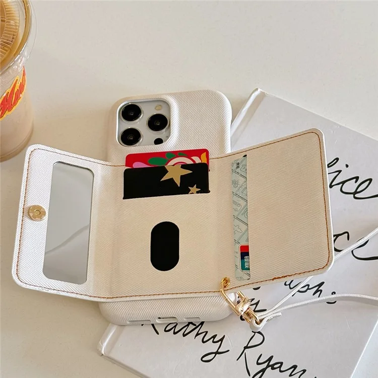 Funda para iPhone 15 Pro con ranuras para tarjetas, diseño de espejo, textura de tela vaquera y cubierta trasera de cuero PU con correa - Blanco