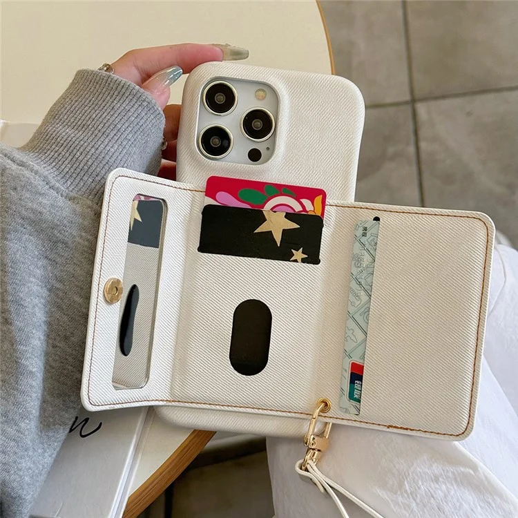 Funda para iPhone 15 Pro con ranuras para tarjetas, diseño de espejo, textura de tela vaquera y cubierta trasera de cuero PU con correa - Blanco