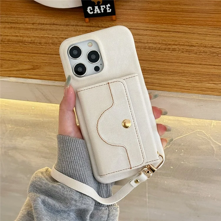 Funda para iPhone 15 Pro con ranuras para tarjetas, diseño de espejo, textura de tela vaquera y cubierta trasera de cuero PU con correa - Blanco