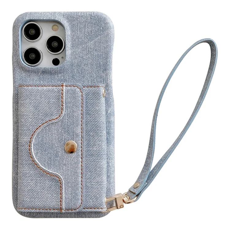 Étui pour iPhone 14 Pro Max avec fentes pour cartes, design miroir, texture en tissu jean et cuir PU avec sangle - Bleu bébé