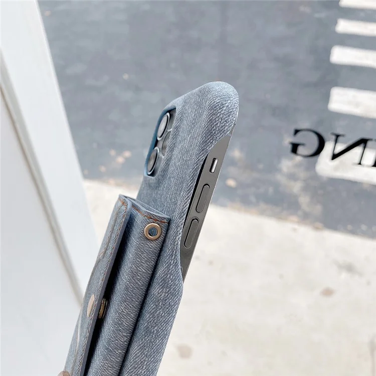 Étui pour iPhone 14 Pro Max avec fentes pour cartes, design miroir, texture en tissu jean et cuir PU avec sangle - Bleu bébé