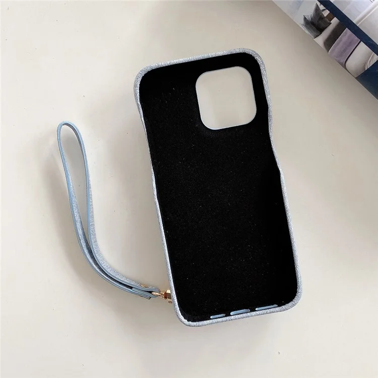 Étui pour iPhone 14 Pro Max avec fentes pour cartes, design miroir, texture en tissu jean et cuir PU avec sangle - Bleu bébé
