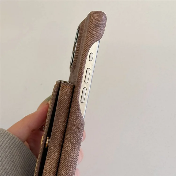 Für iPhone 14 Pro Hülle Kartenfächer Spiegel Design Jeans Tuch Textur PU Leder Rückseite mit Gurt - Hellbraun