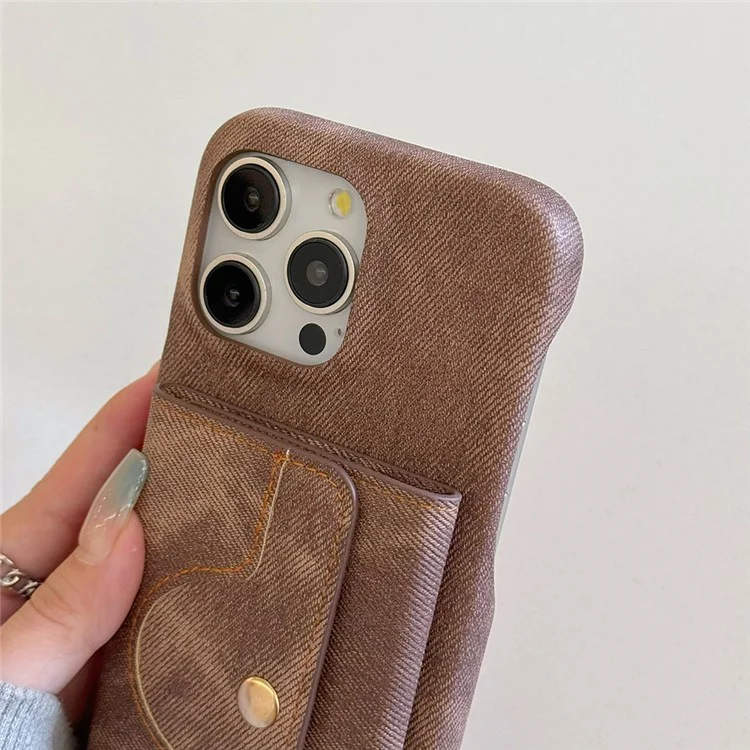 Für iPhone 14 Pro Hülle Kartenfächer Spiegel Design Jeans Tuch Textur PU Leder Rückseite mit Gurt - Hellbraun