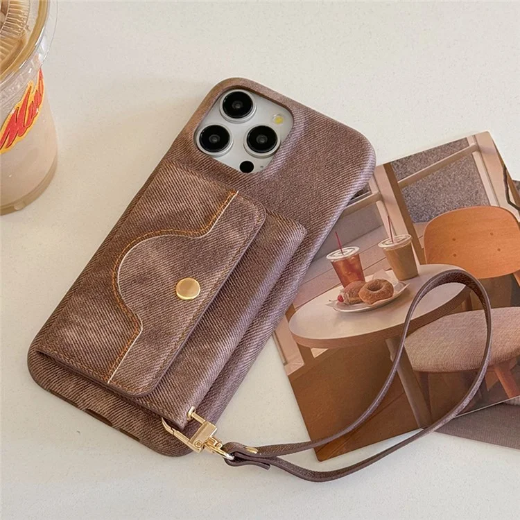 Für iPhone 14 Pro Hülle Kartenfächer Spiegel Design Jeans Tuch Textur PU Leder Rückseite mit Gurt - Hellbraun
