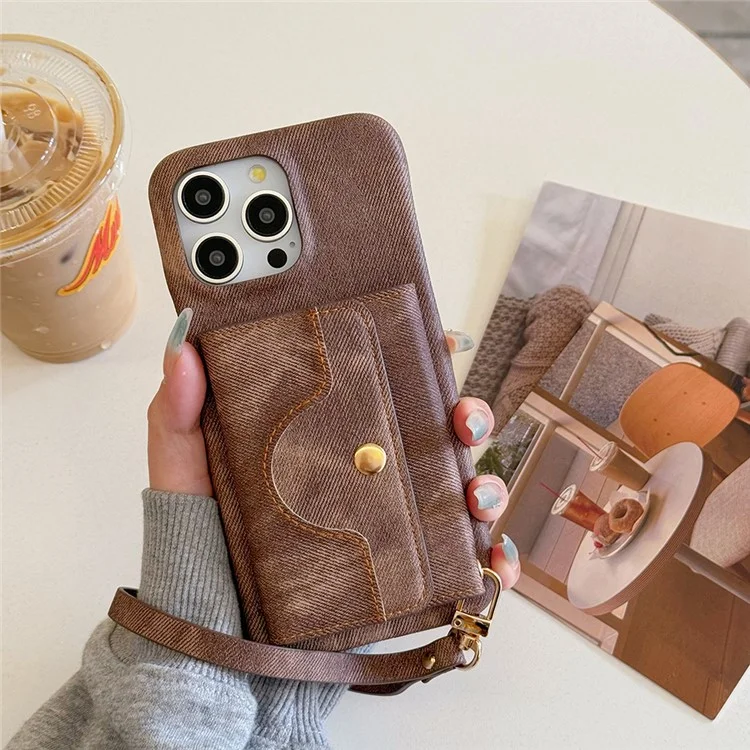 Für iPhone 14 Pro Hülle Kartenfächer Spiegel Design Jeans Tuch Textur PU Leder Rückseite mit Gurt - Hellbraun