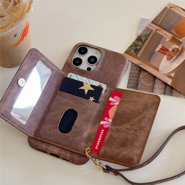 Für iPhone 14 Pro Hülle Kartenfächer Spiegel Design Jeans Tuch Textur PU Leder Rückseite mit Gurt - Hellbraun