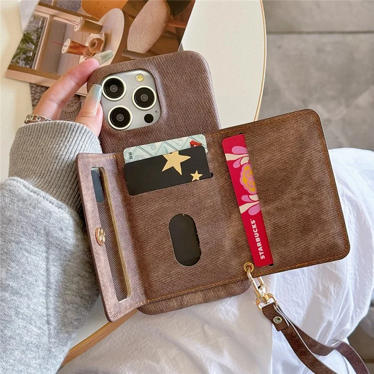 Für iPhone 14 Pro Hülle Kartenfächer Spiegel Design Jeans Tuch Textur PU Leder Rückseite mit Gurt - Hellbraun