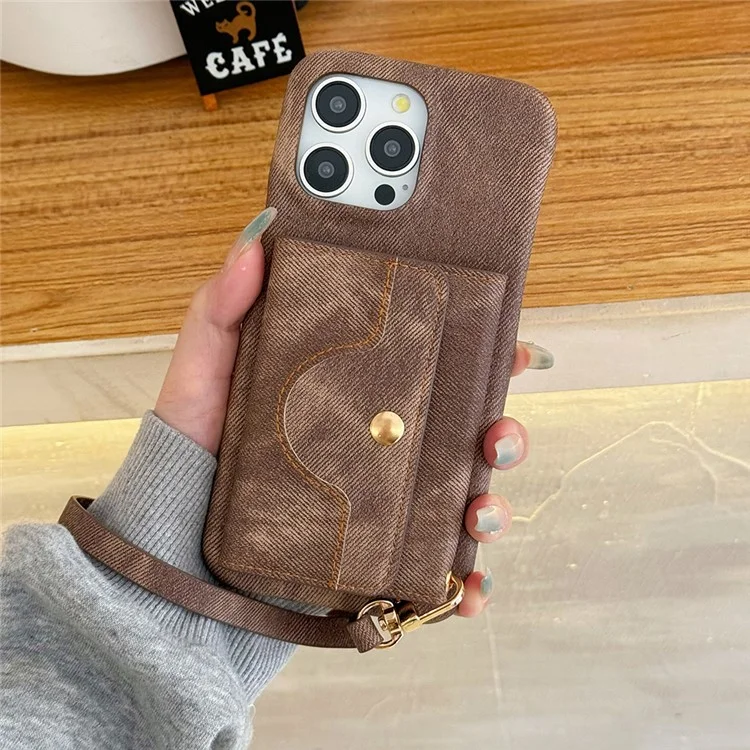 Für iPhone 14 Pro Hülle Kartenfächer Spiegel Design Jeans Tuch Textur PU Leder Rückseite mit Gurt - Hellbraun