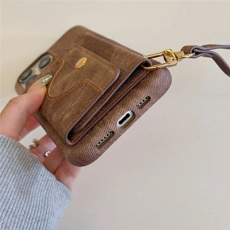 Für iPhone 14 Pro Hülle Kartenfächer Spiegel Design Jeans Tuch Textur PU Leder Rückseite mit Gurt - Hellbraun
