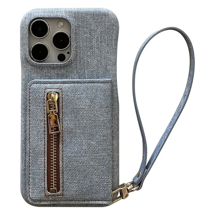 Funda para iPhone 15 Pro Max con bolsillo para tarjetas, soporte y textura de tela vaquera y piel sintética con correa.