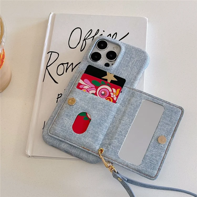 Funda para iPhone 15 Pro Max con bolsillo para tarjetas, soporte y textura de tela vaquera y piel sintética con correa.