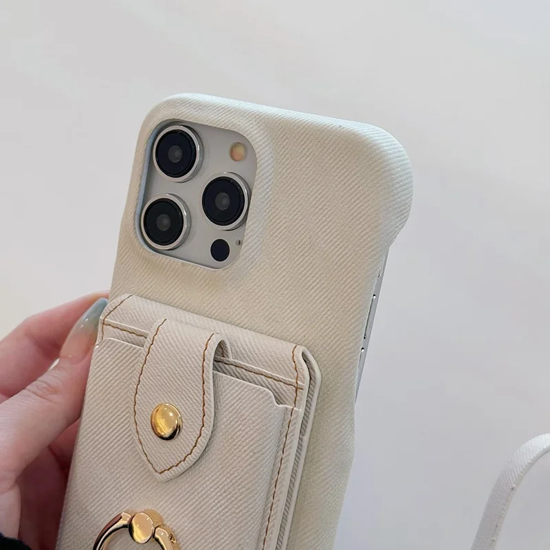For iPhone 14 Pro Max Case Ring Kickstand Card Holder Jeans Cloth Texture PU Leather Back Cover with Strap - White