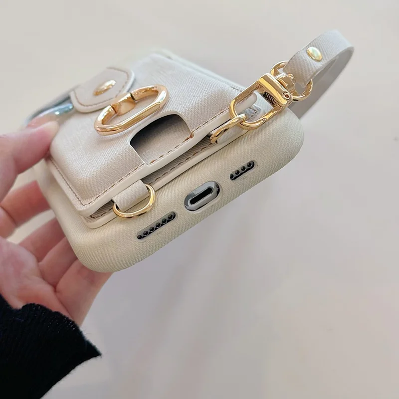 For iPhone 14 Pro Max Case Ring Kickstand Card Holder Jeans Cloth Texture PU Leather Back Cover with Strap - White