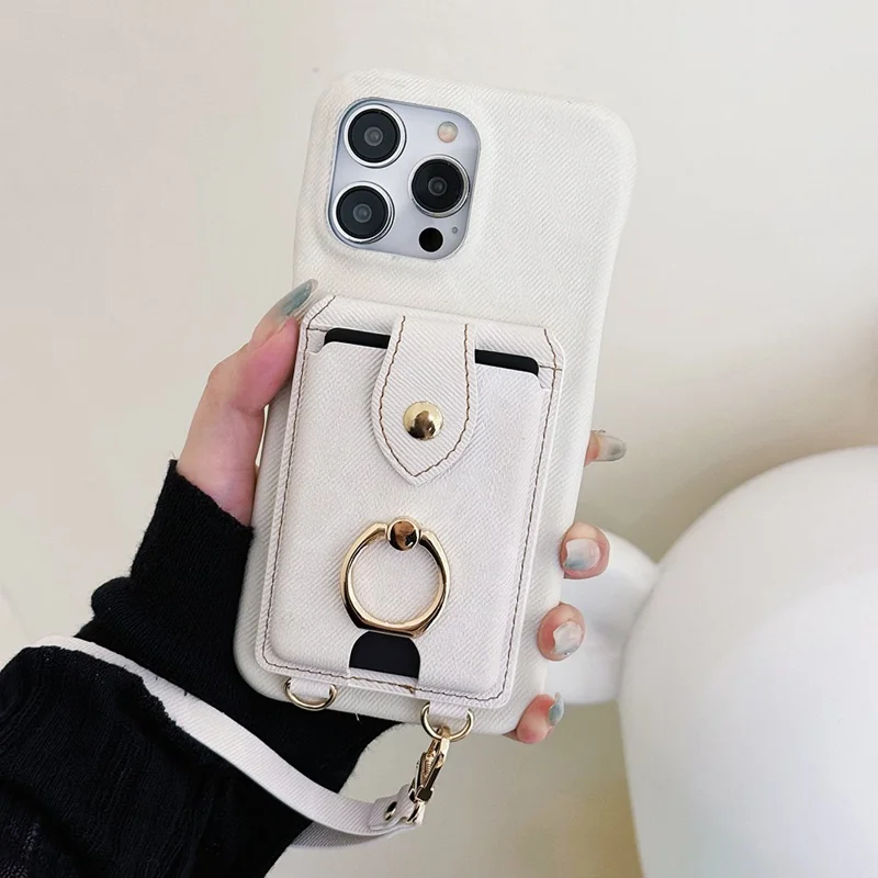 For iPhone 14 Pro Max Case Ring Kickstand Card Holder Jeans Cloth Texture PU Leather Back Cover with Strap - White