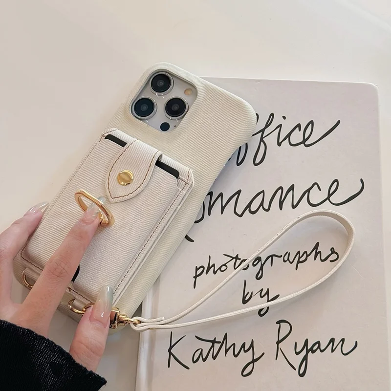 For iPhone 14 Pro Max Case Ring Kickstand Card Holder Jeans Cloth Texture PU Leather Back Cover with Strap - White
