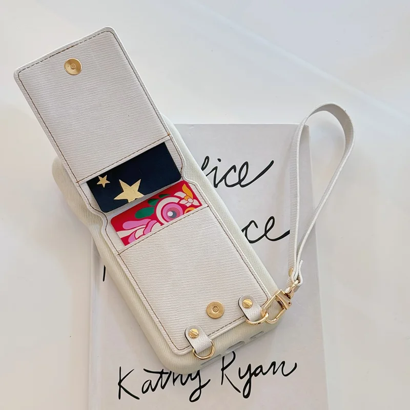 For iPhone 14 Pro Max Case Ring Kickstand Card Holder Jeans Cloth Texture PU Leather Back Cover with Strap - White