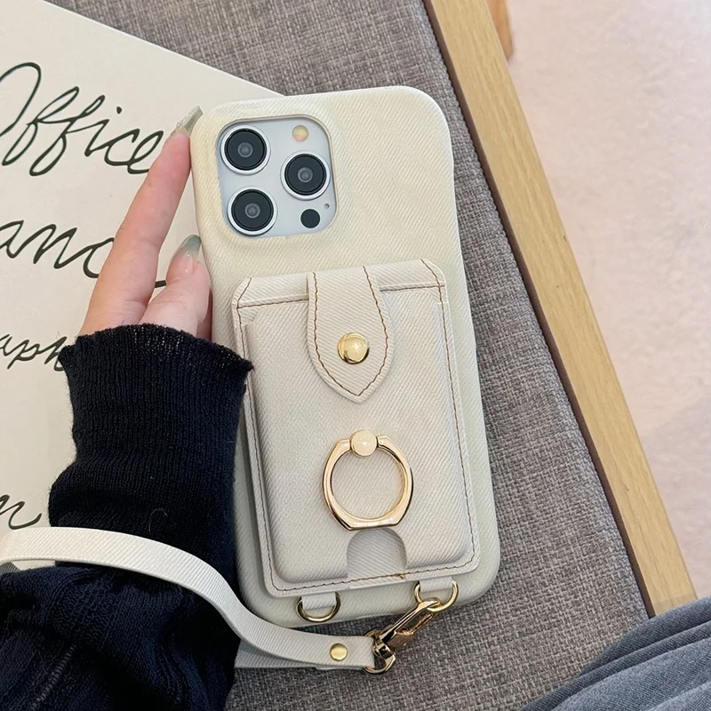For iPhone 14 Pro Max Case Ring Kickstand Card Holder Jeans Cloth Texture PU Leather Back Cover with Strap - White