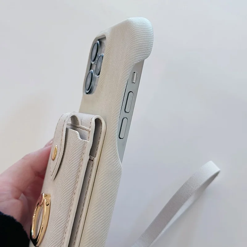 For iPhone 14 Pro Max Case Ring Kickstand Card Holder Jeans Cloth Texture PU Leather Back Cover with Strap - White