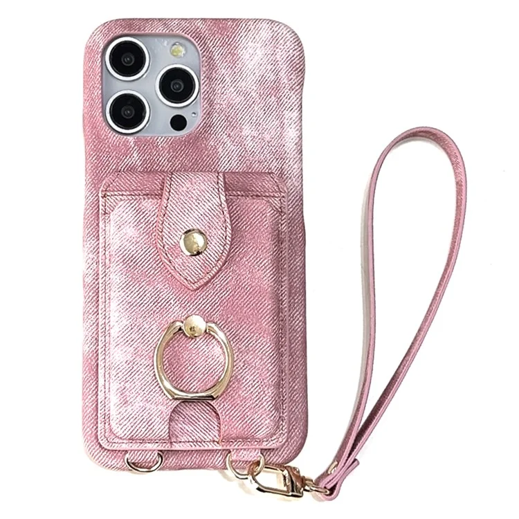 Coque iPhone 16 Pro avec anneau de maintien, support, porte-cartes, texture en tissu jean, cuir PU, avec dragonne - Rose