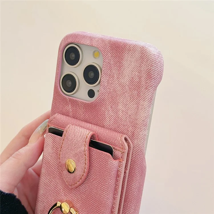 Coque iPhone 16 Pro avec anneau de maintien, support, porte-cartes, texture en tissu jean, cuir PU, avec dragonne - Rose