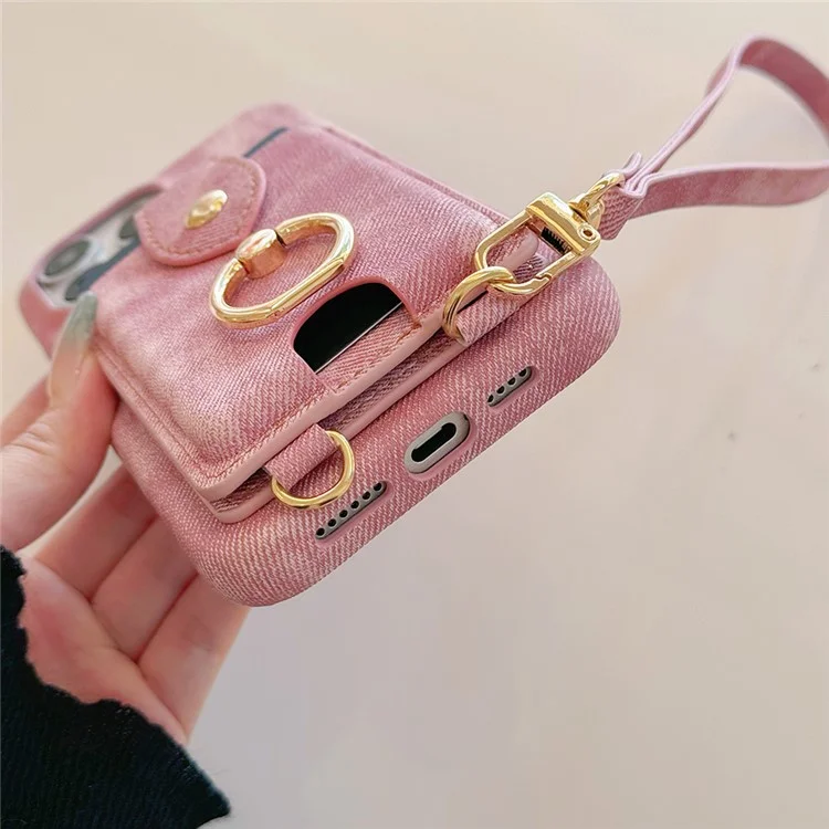 Coque iPhone 16 Pro avec anneau de maintien, support, porte-cartes, texture en tissu jean, cuir PU, avec dragonne - Rose