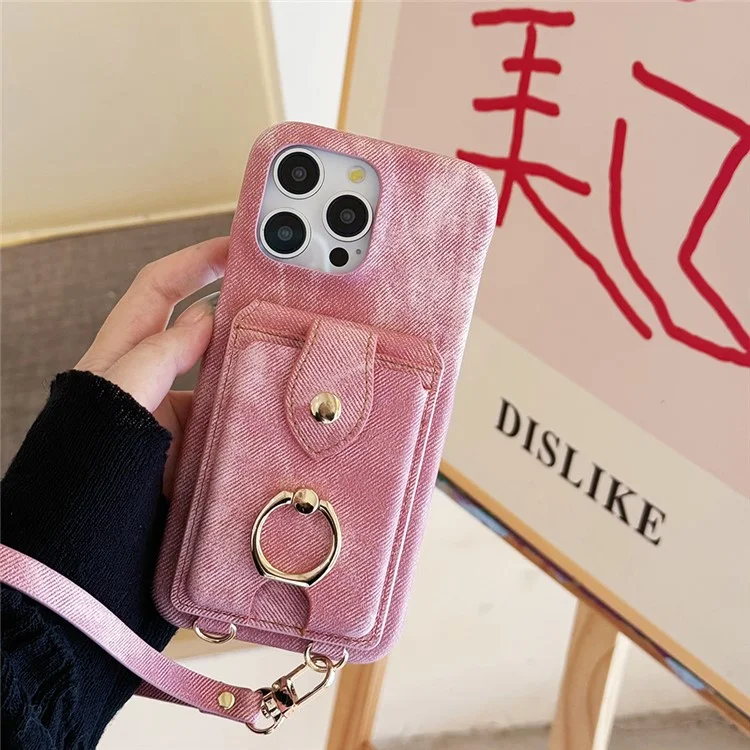 Coque iPhone 16 Pro avec anneau de maintien, support, porte-cartes, texture en tissu jean, cuir PU, avec dragonne - Rose