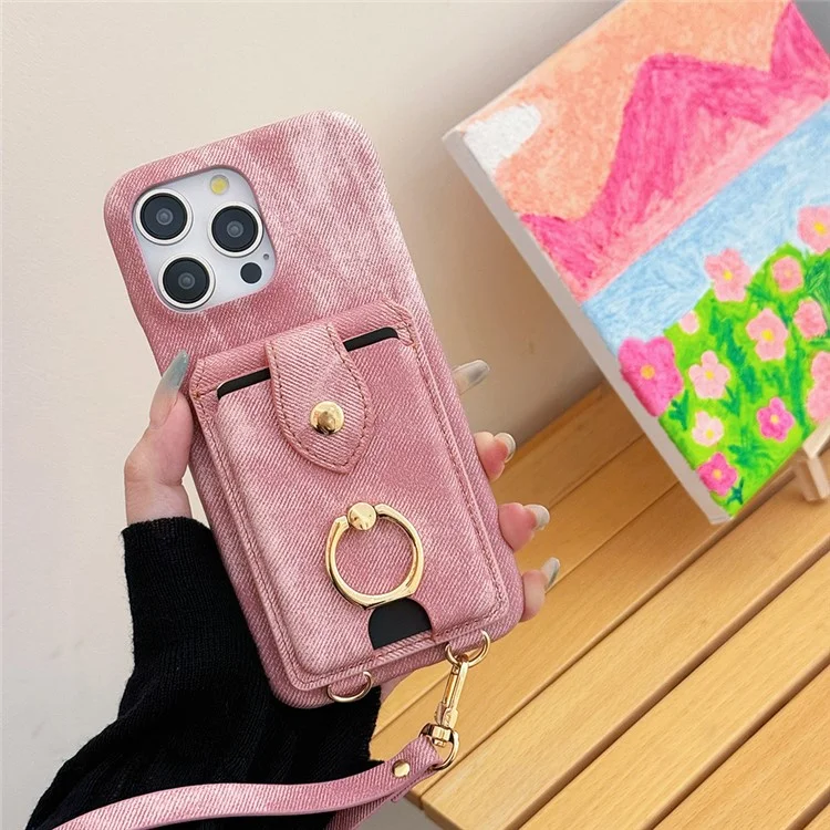 Coque iPhone 16 Pro avec anneau de maintien, support, porte-cartes, texture en tissu jean, cuir PU, avec dragonne - Rose