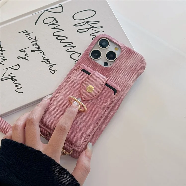 Coque iPhone 16 Pro avec anneau de maintien, support, porte-cartes, texture en tissu jean, cuir PU, avec dragonne - Rose